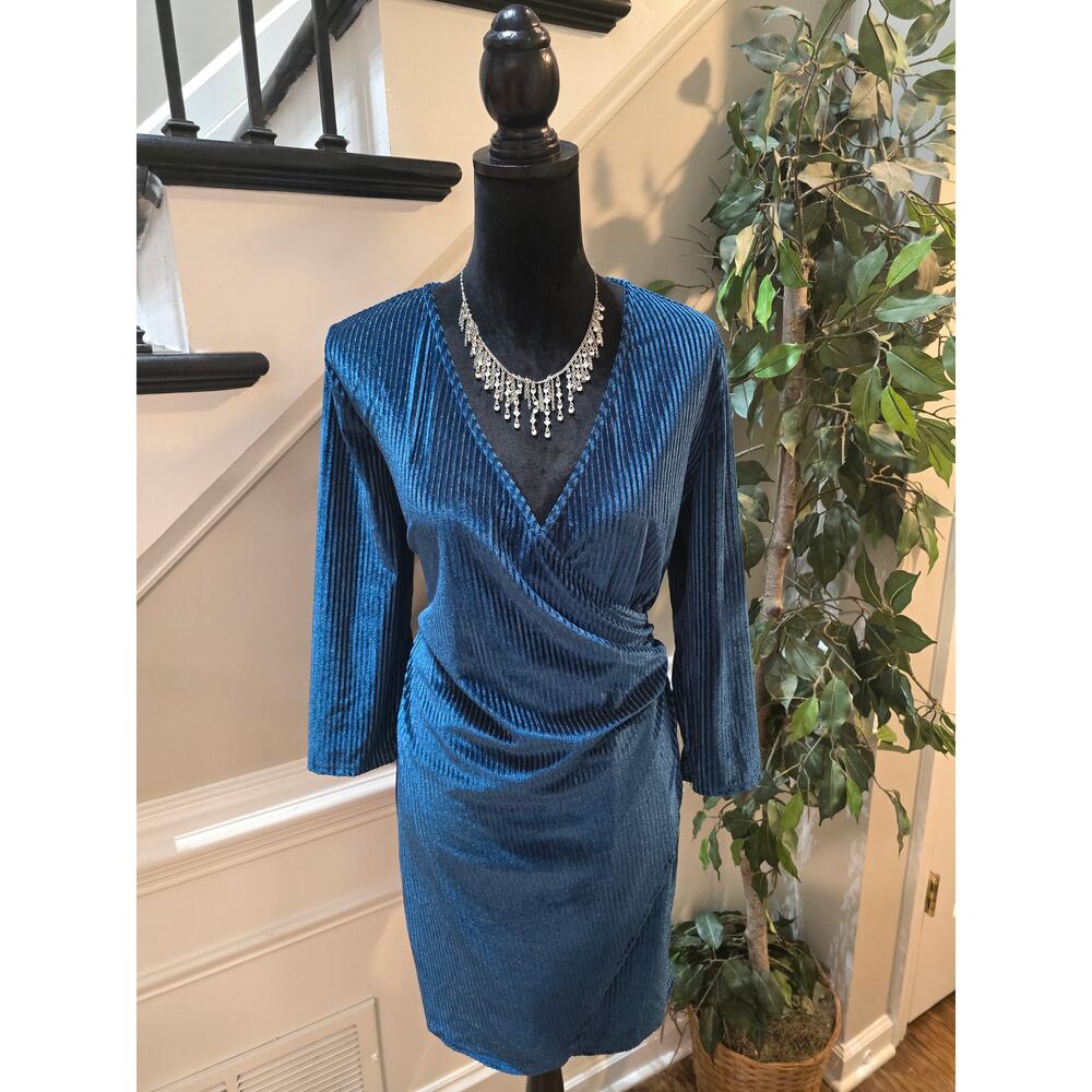 Tacera Faux Wrap Velvet Dress Women's Size PL Navy Blue V Neck Long Sleeves - Picture 2 of 12